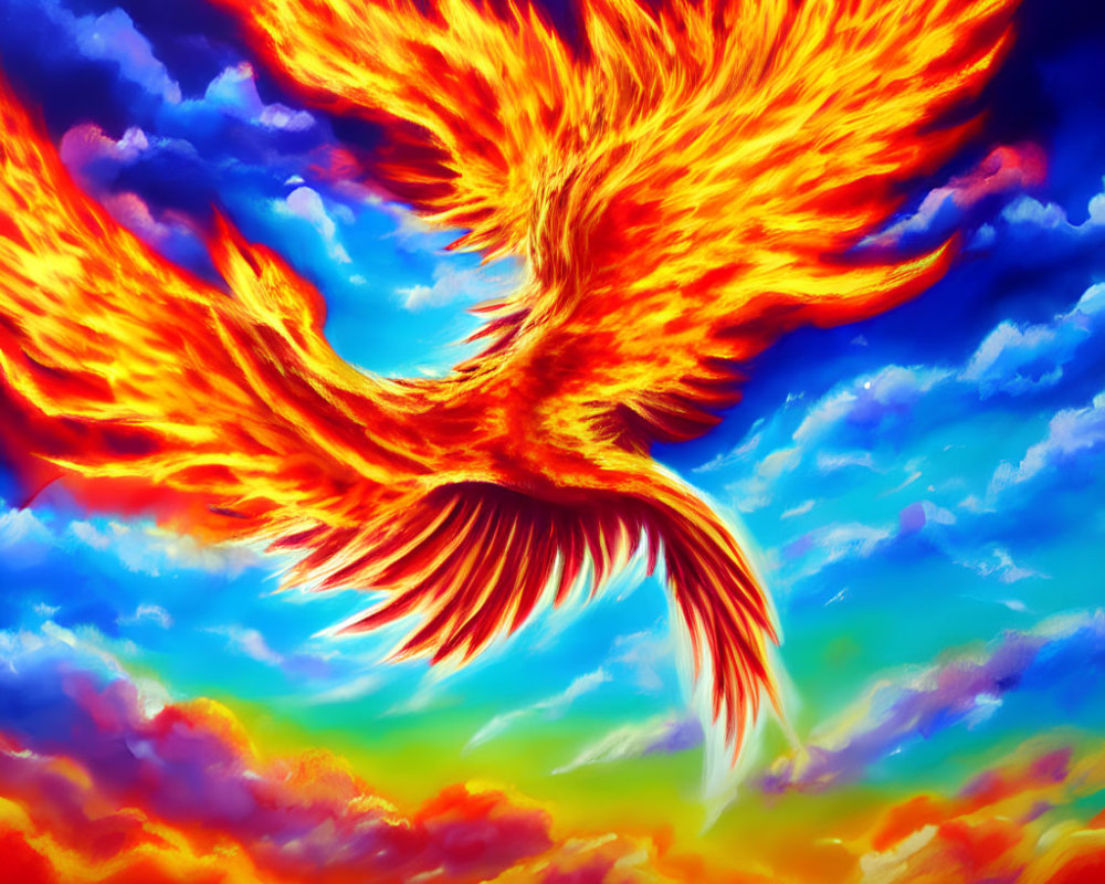 Colorful Phoenix Flying in Dynamic Sky with Blue, Orange, and Yellow Hues