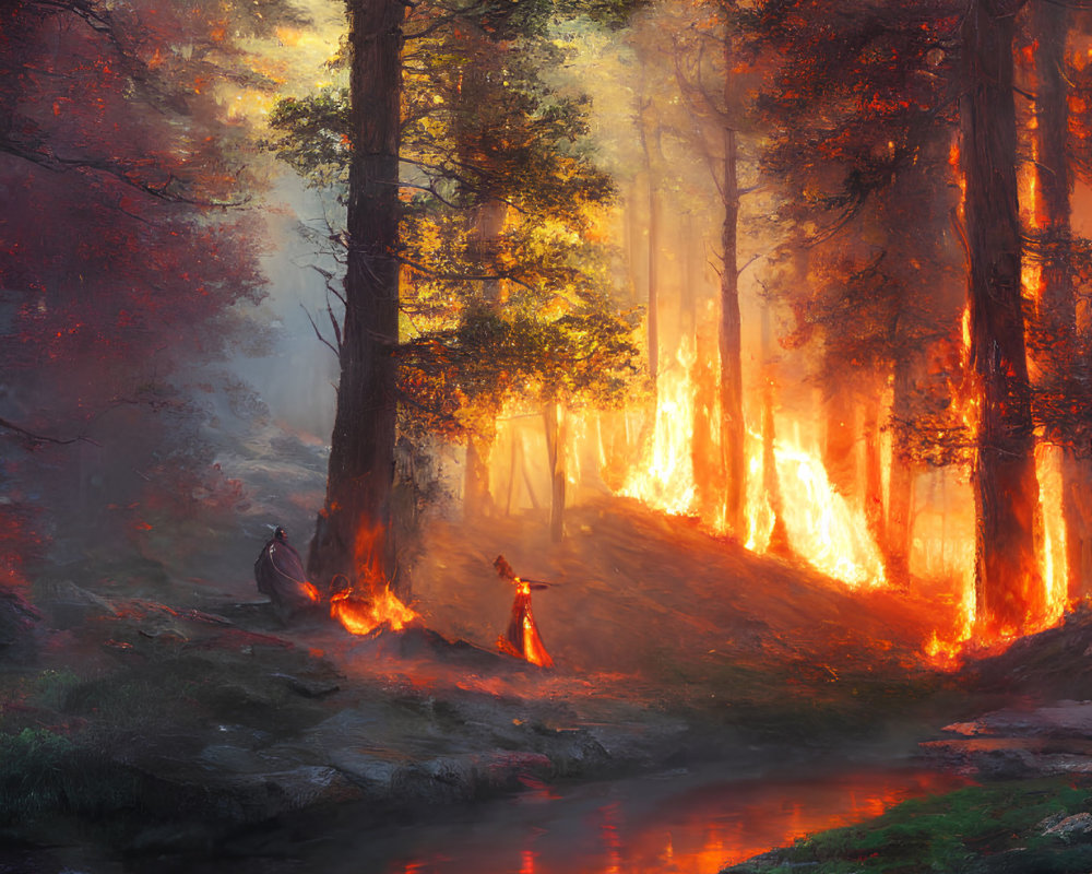 Forest Fire Engulfs Trees Near Reflective Stream