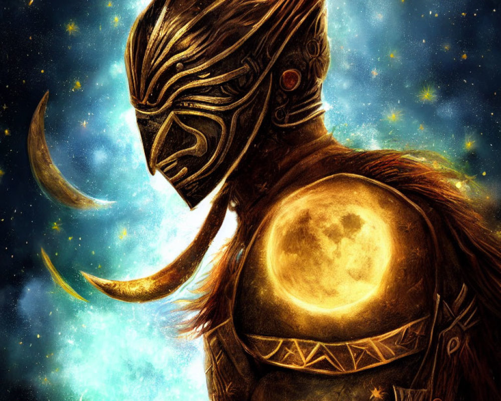 Golden-armored cosmic warrior under starry sky with crescent moon and glowing planet