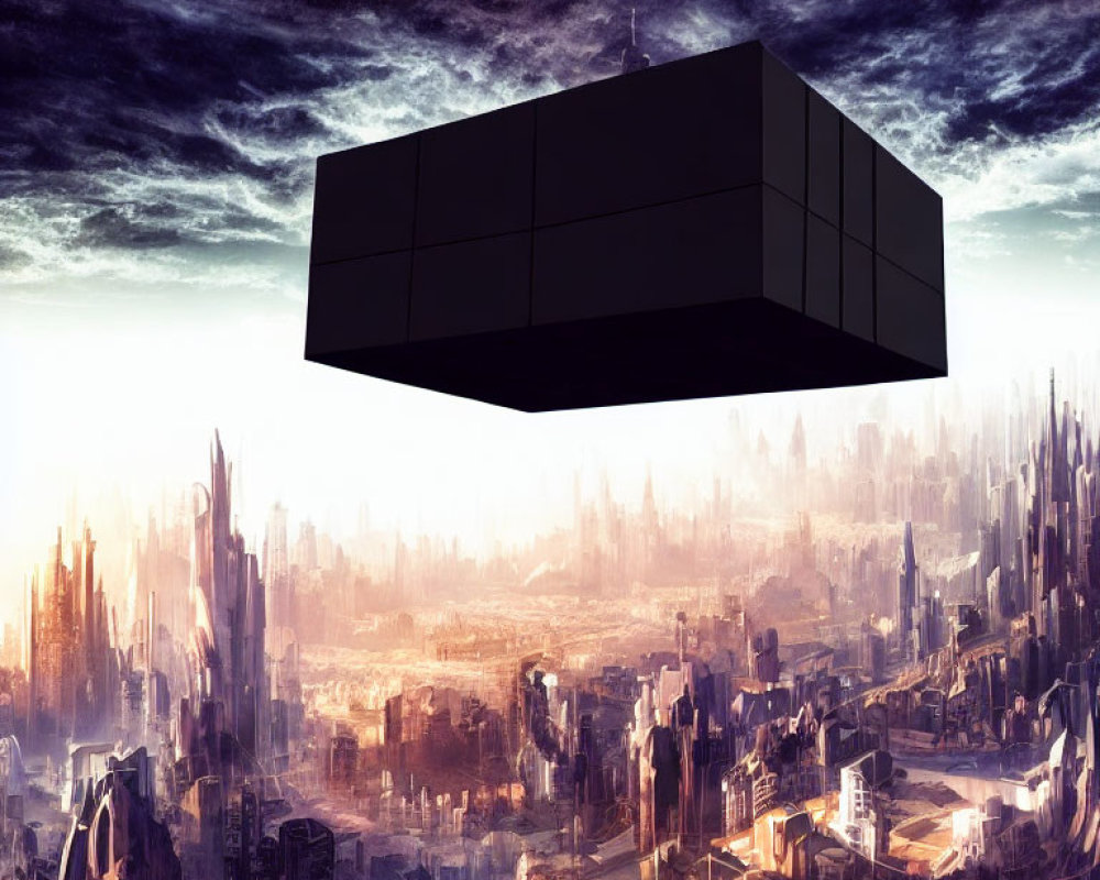 Dark floating cube above futuristic cityscape with dramatic skyline