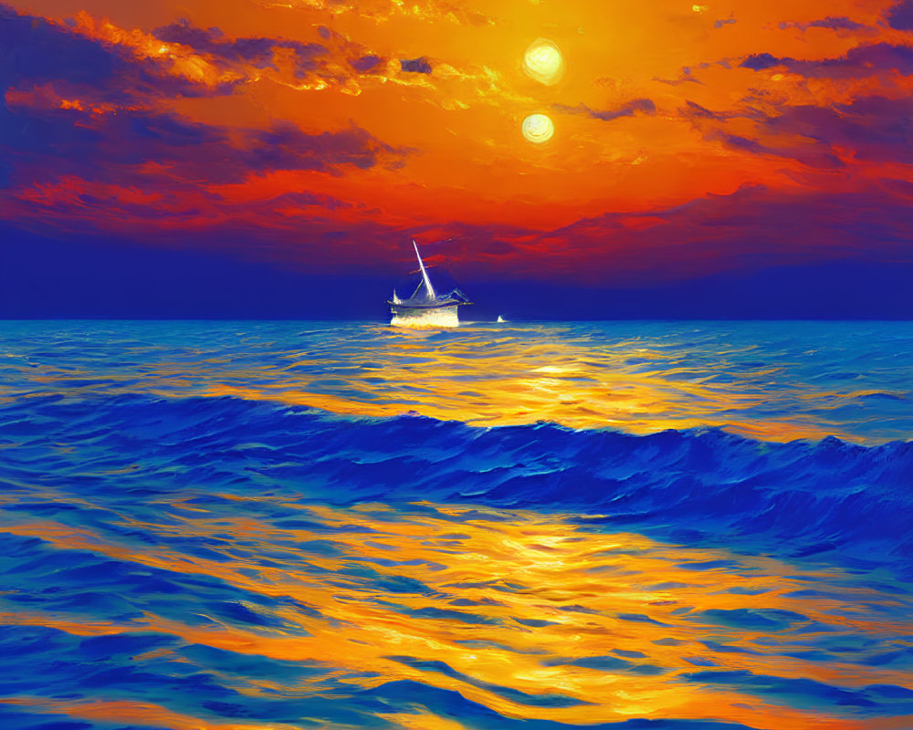 Spectacular seascape with lone boat on wavy waters under fiery sky