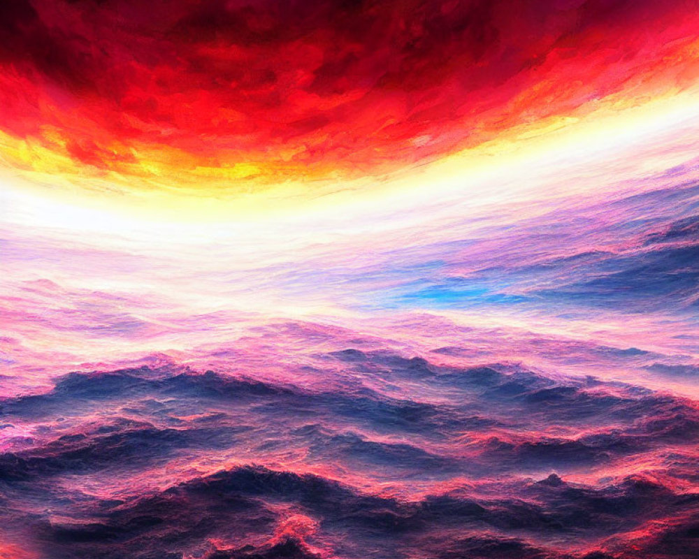 Surreal sea of clouds under dramatic purple, pink, and orange sky