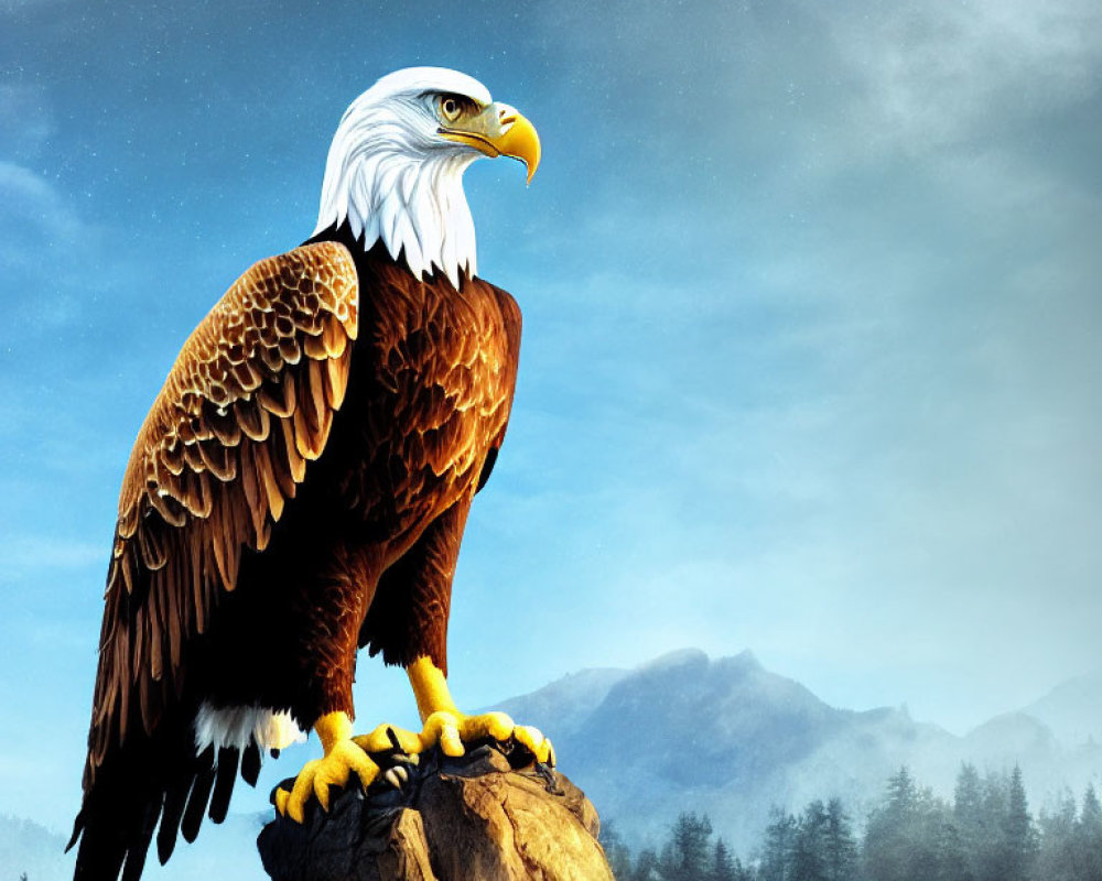 Bald eagle perched on rock with misty mountains in background