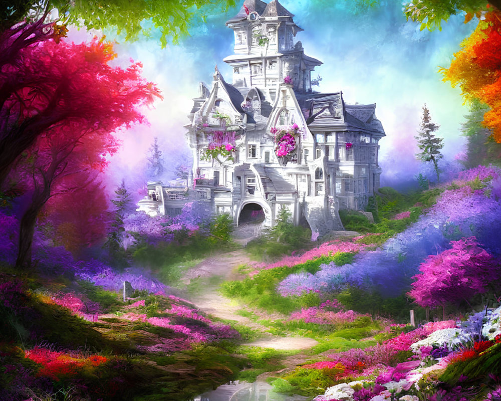 Colorful Castle and Serene River Landscape with Vibrant Flora