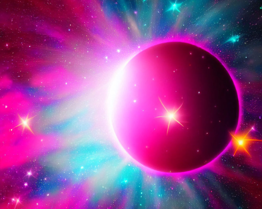 Colorful cosmic scene with radiant pink and purple celestial body and twinkling stars.