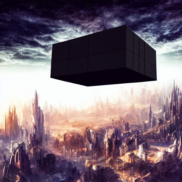 Dark floating cube above futuristic cityscape with dramatic skyline