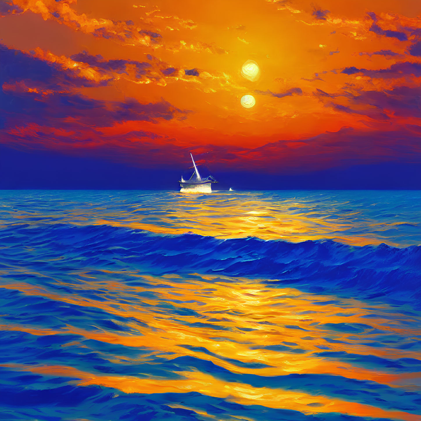 Spectacular seascape with lone boat on wavy waters under fiery sky