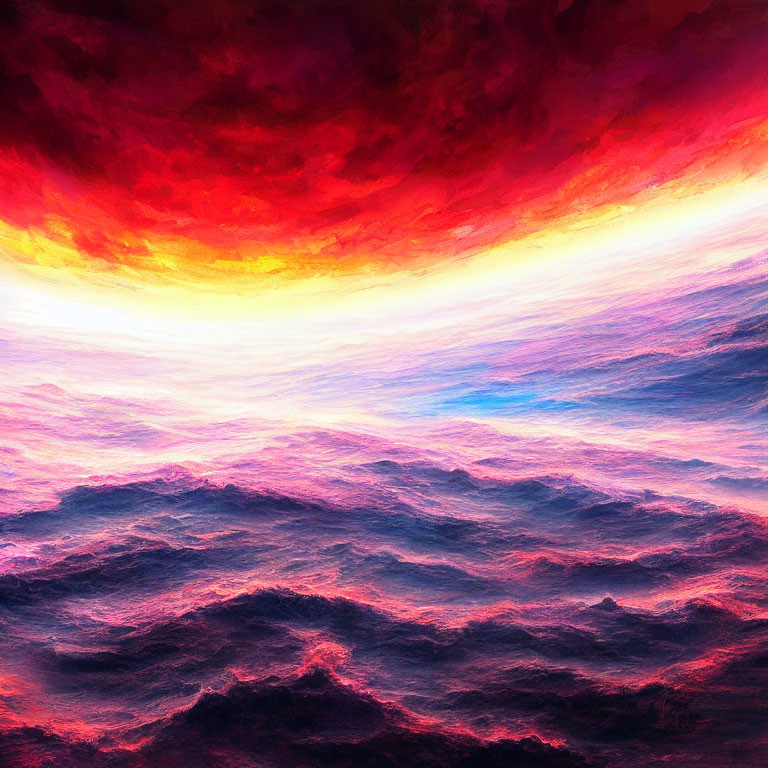 Surreal sea of clouds under dramatic purple, pink, and orange sky