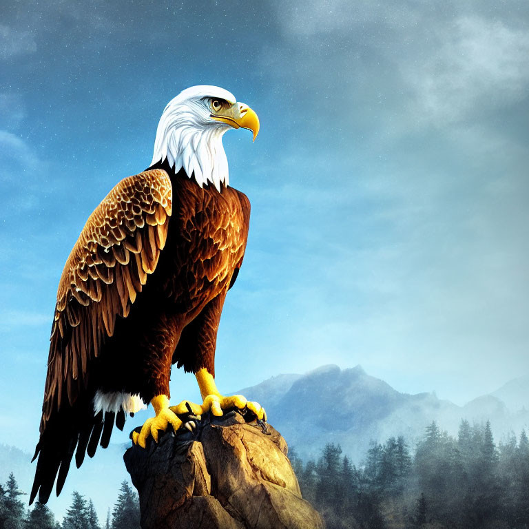 Bald eagle perched on rock with misty mountains in background