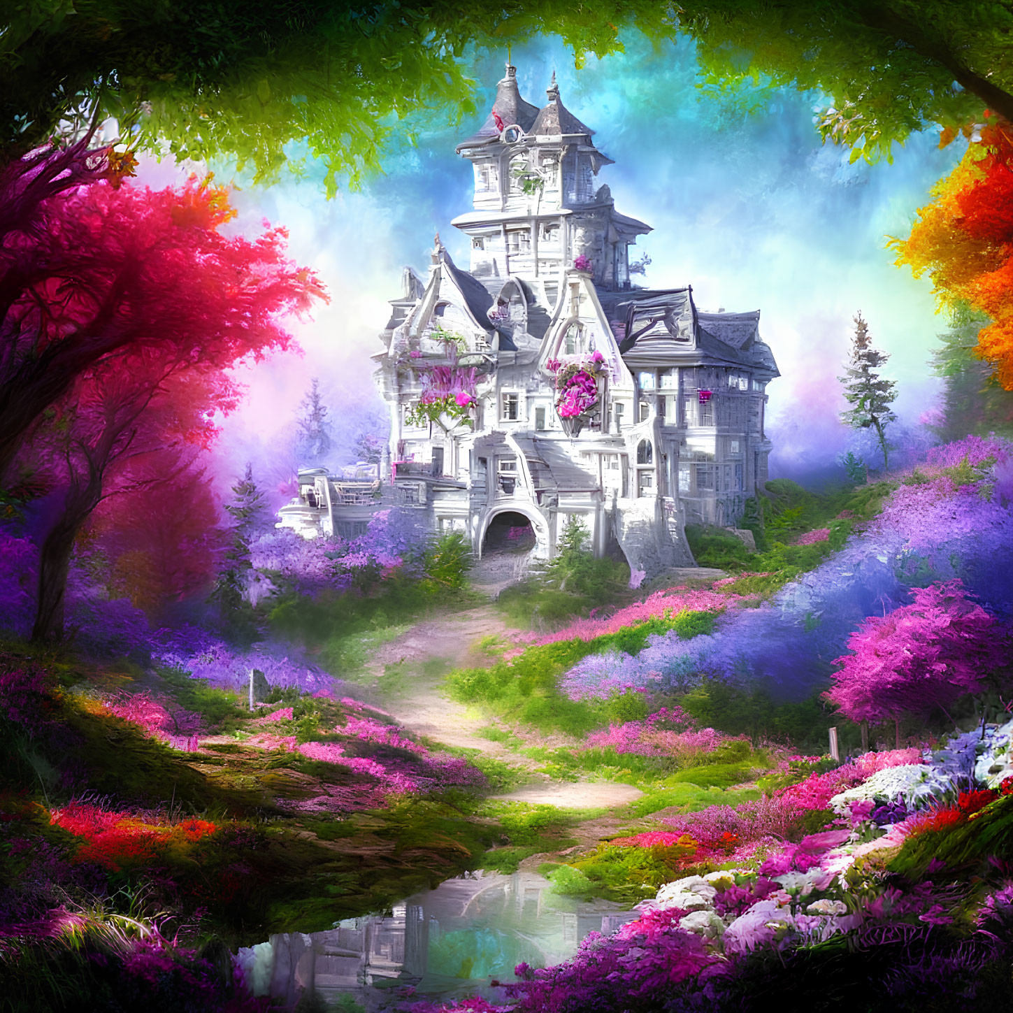 Colorful Castle and Serene River Landscape with Vibrant Flora