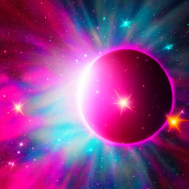 Colorful cosmic scene with radiant pink and purple celestial body and twinkling stars.