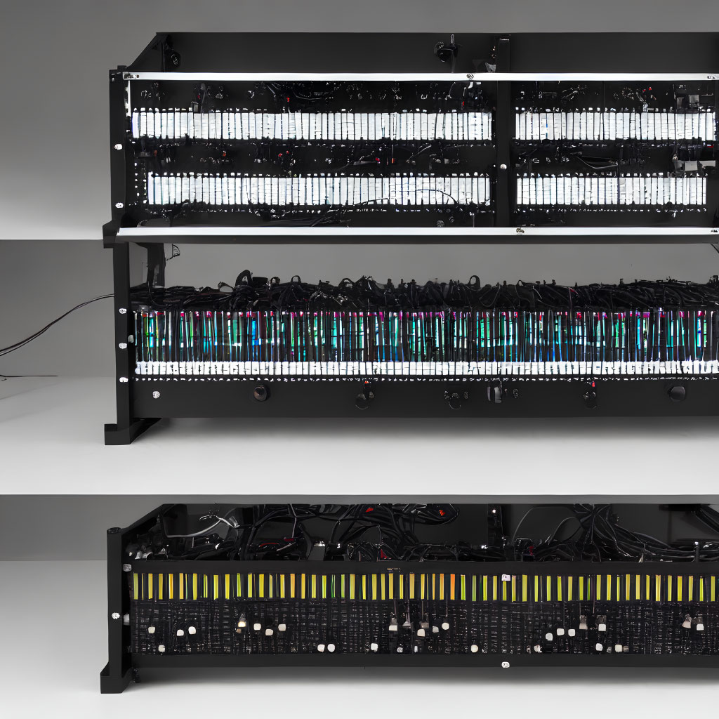 Cryptocurrency mining rigs with multiple GPUs on illuminated metal shelf