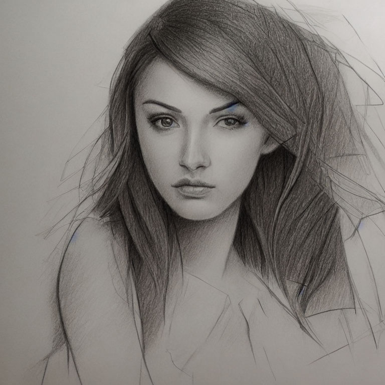 Detailed pencil sketch of young woman with flowing hair and striking eyes