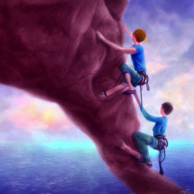 Rock climbers aiding each other under purple sky