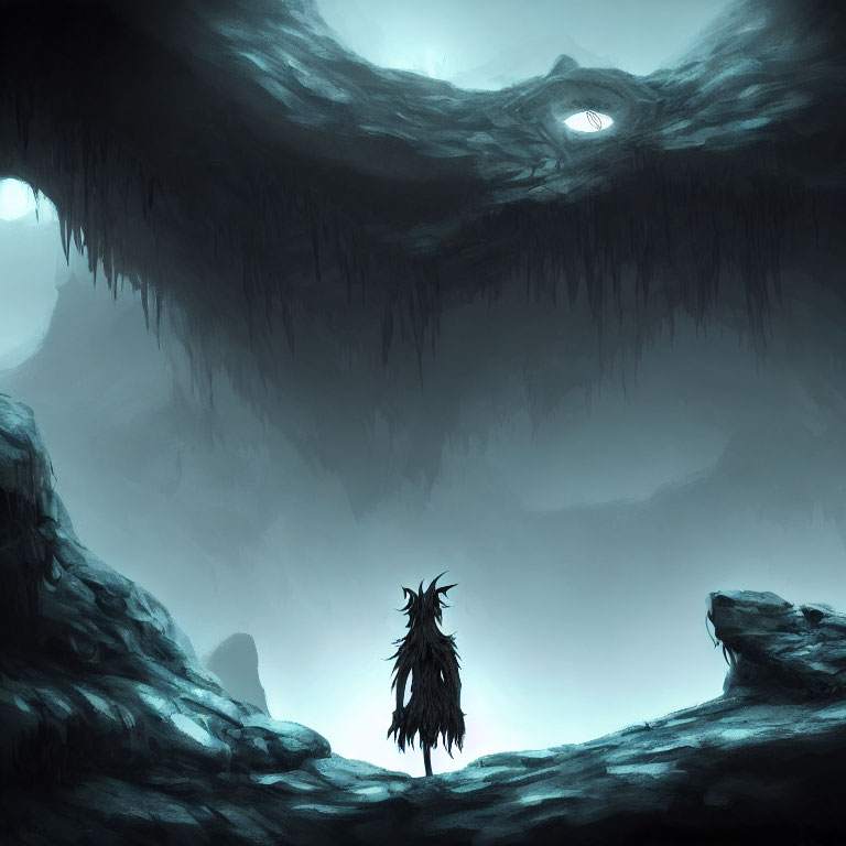 Mysterious figure in cloak in misty cavern with glowing eye-like opening