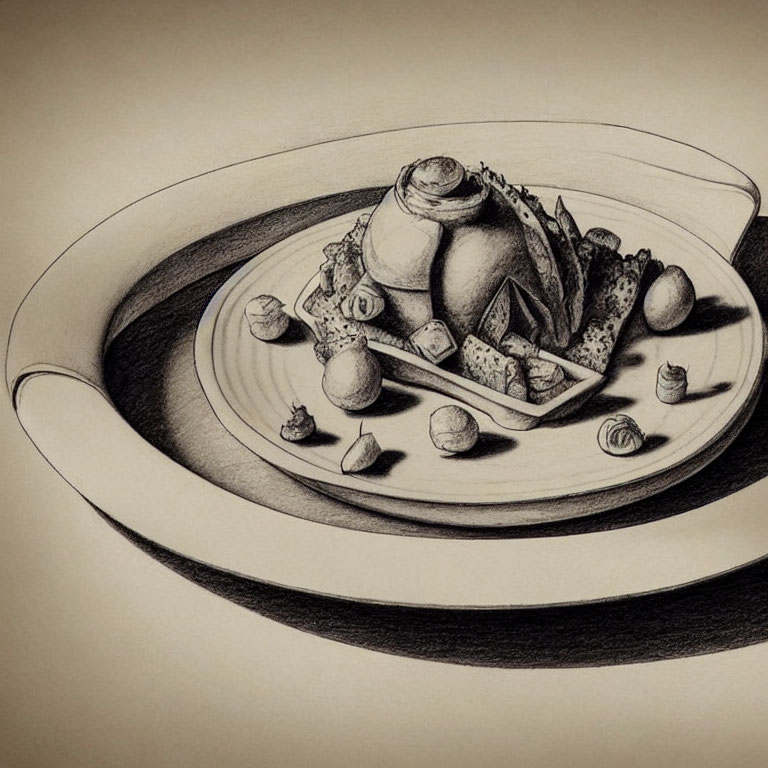 Detailed pencil drawing of a plated dessert with swirled pastry, berries, and decorative elements