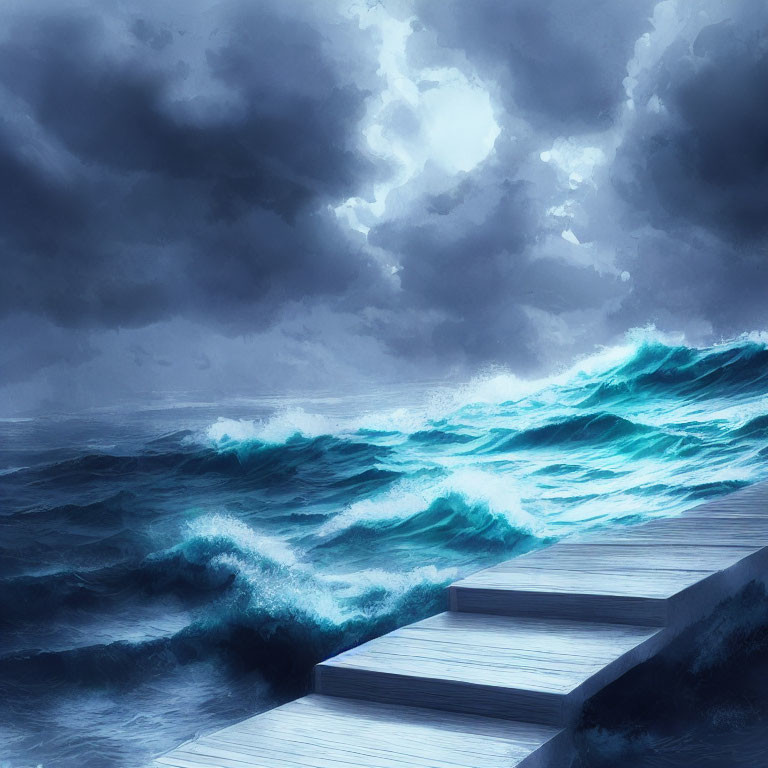 Stormy Sky Over Wooden Pier and Churning Sea