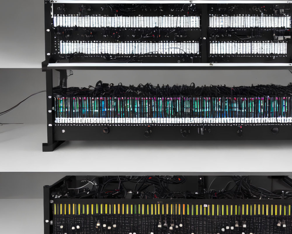 Cryptocurrency mining rigs with multiple GPUs on illuminated metal shelf