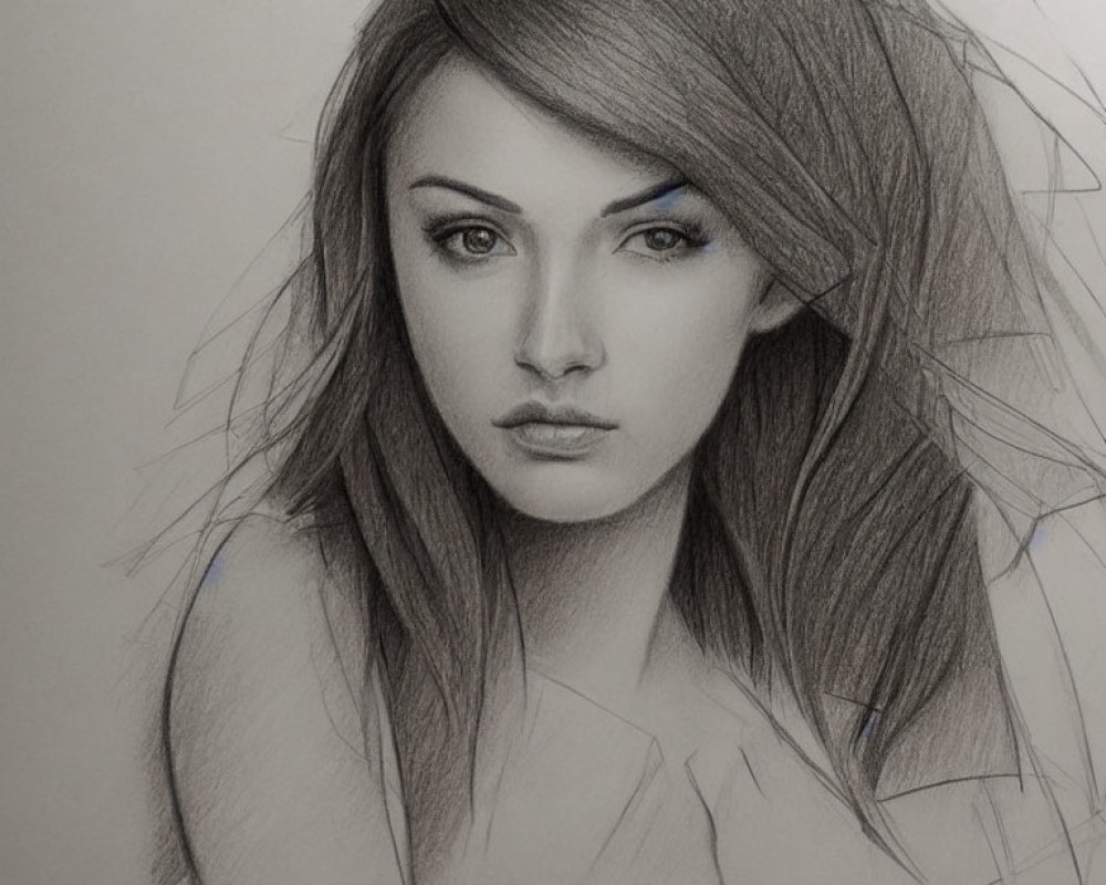 Detailed pencil sketch of young woman with flowing hair and striking eyes