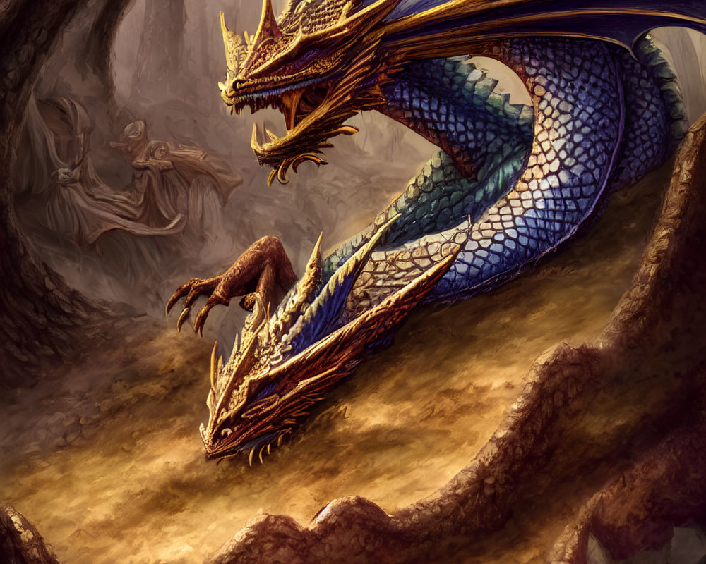 Iridescent blue dragon with golden horns in cave with mysterious figures