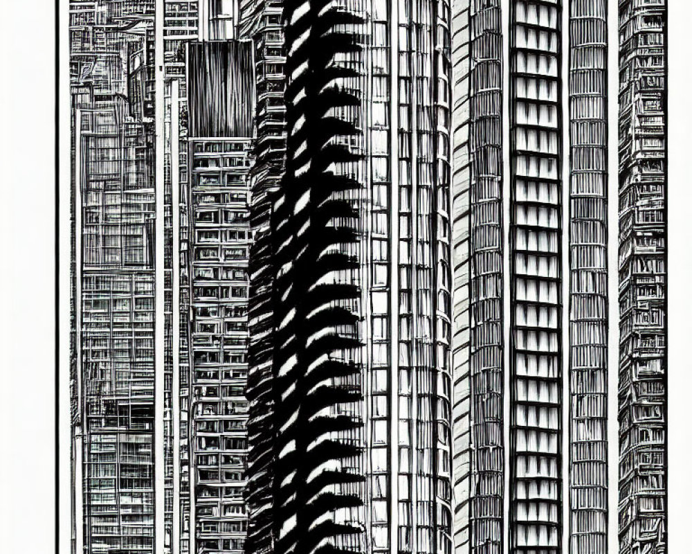 Detailed monochrome high-rise building cluster illustration.