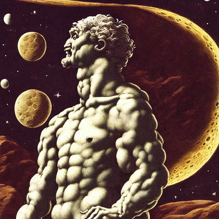 Male figure sculpture against cosmic backdrop with planets and moons.