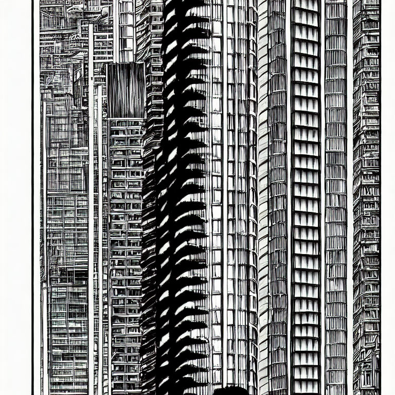 Detailed monochrome high-rise building cluster illustration.