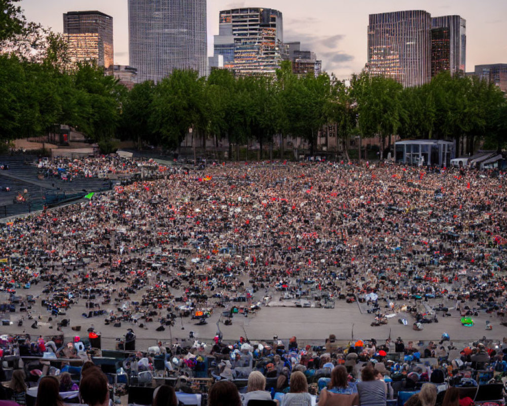 Outdoor Gathering with People Seated Facing Stage at Dusk