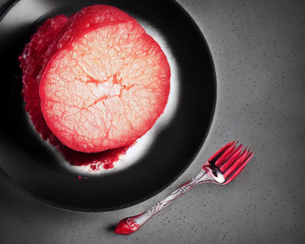 Bright red grapefruit slice on dark bowl with red fork on grey background