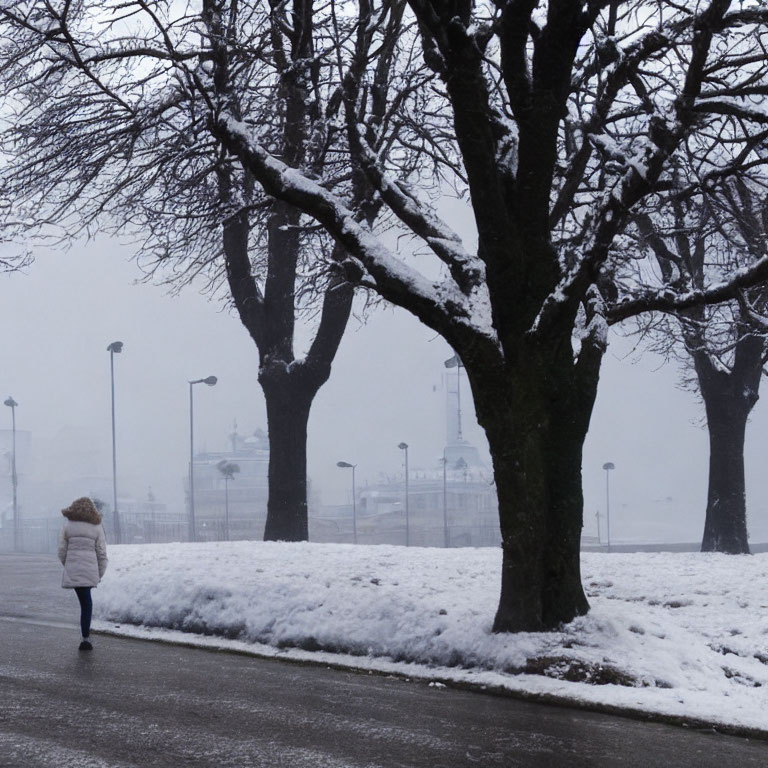 Snow-covered pavement with bare trees on foggy day and street lamps in background