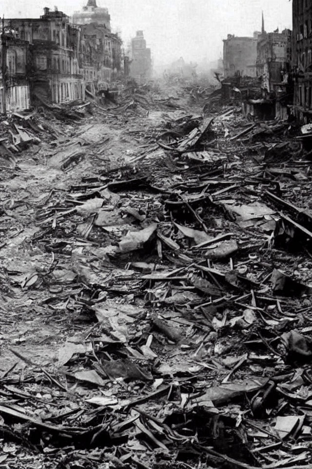 Desolate city street after war with rubble and debris.