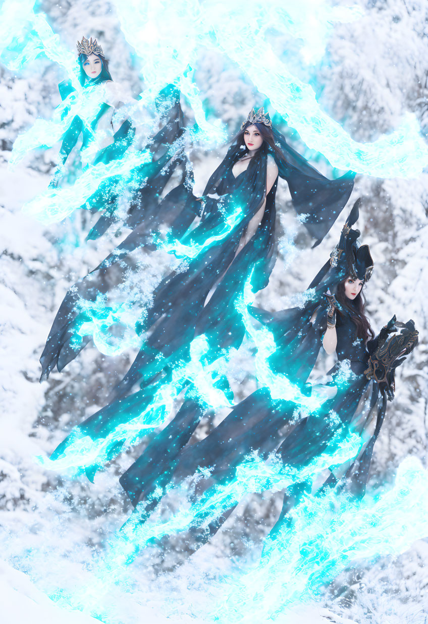 Three individuals in dark costumes with turquoise accents pose in snowy landscape