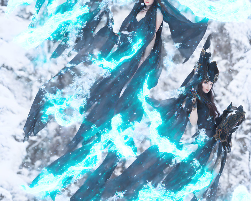 Three individuals in dark costumes with turquoise accents pose in snowy landscape