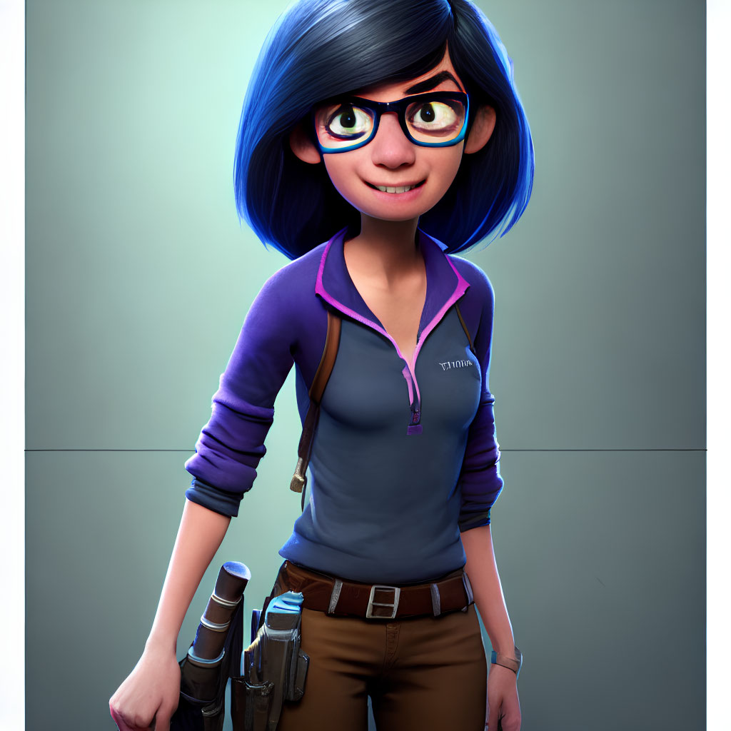 Vibrant blue hair 3D character with glasses and technical gear