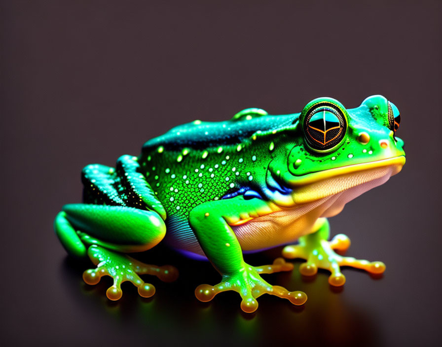 Colorful digital artwork: Frog with green to yellow gradient on detailed skin against dark backdrop