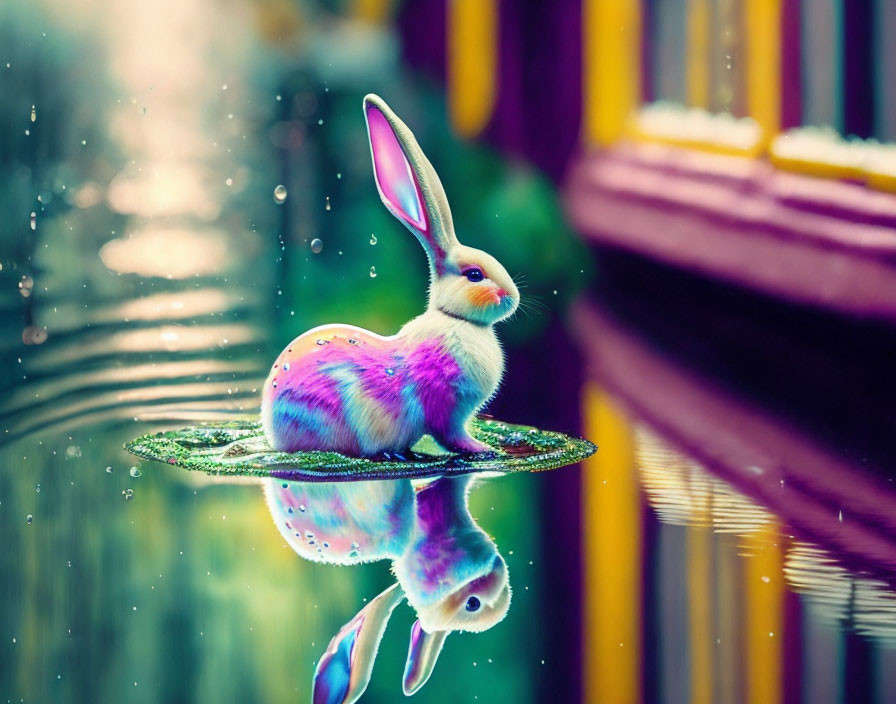 Colorful Rabbit Sitting on Leaf in Water with Reflection and Raindrops