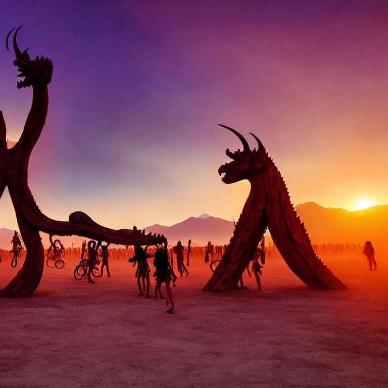 Vibrant festival sunset with people by large dragon sculptures