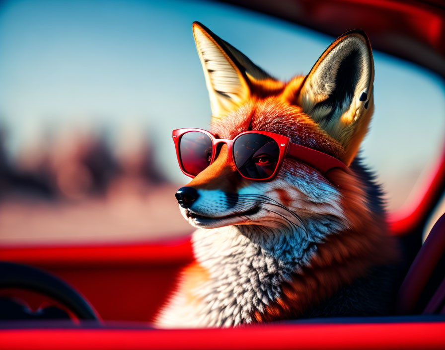 Stylized fox with sunglasses driving convertible car in motion