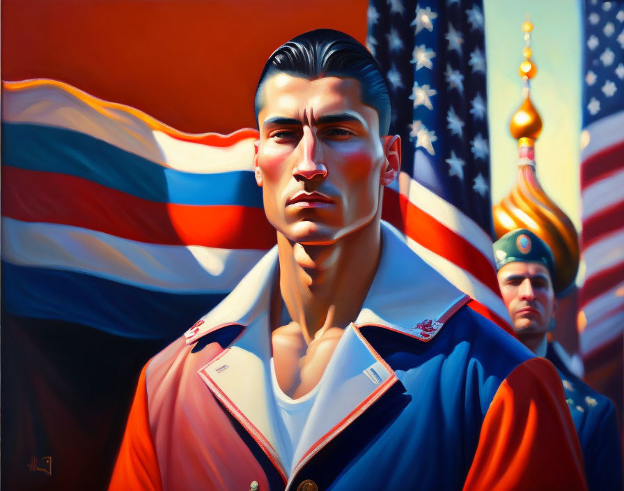 Stylized painting of two men in athletic jackets with American flag and hint of Russian dome