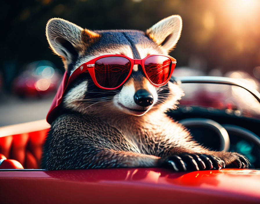 Raccoon in red sunglasses and bandana driving red car under sunlight