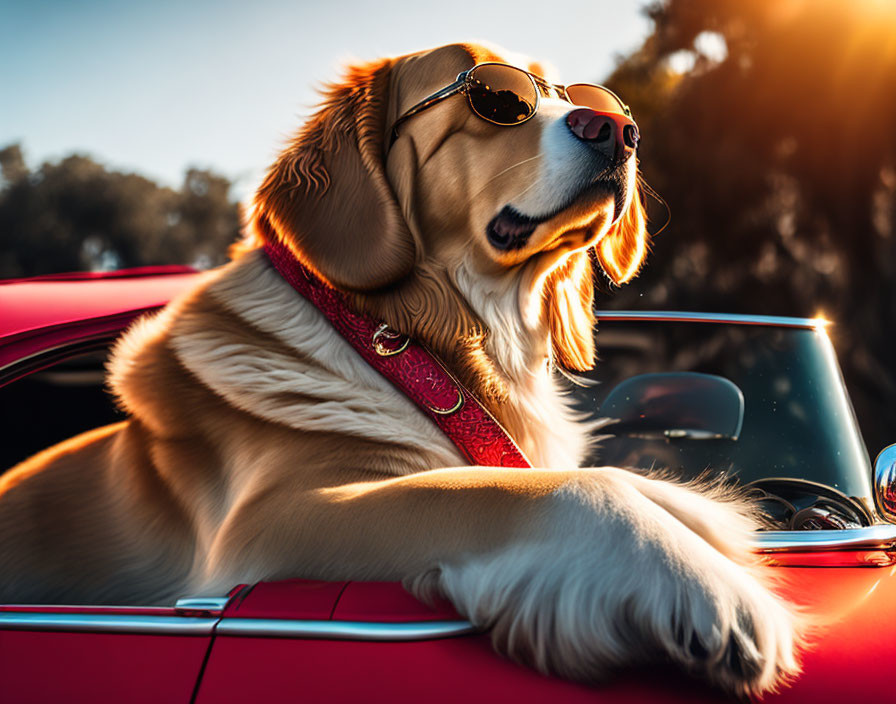 Golden Retriever in Sunglasses and Bandana Leans Out of Red Car