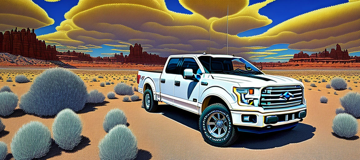 Stylized white pickup truck on desert road with fluffy blue bushes and golden clouds