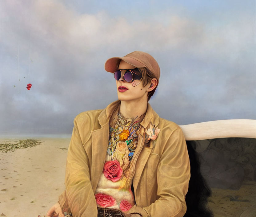 Person with sunglasses, cap, and chest tattoos in surreal desert scene