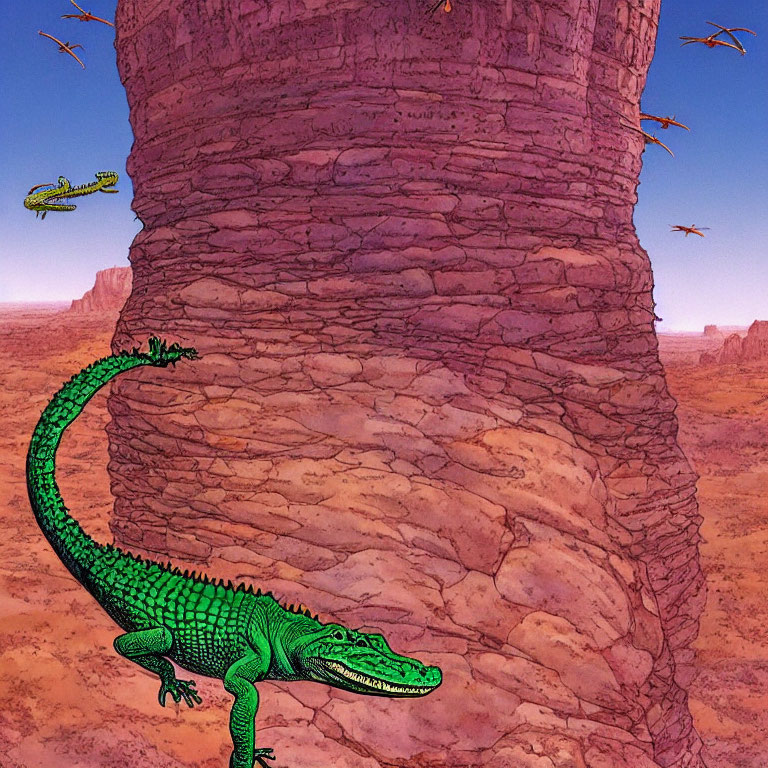 Detailed illustration: Green alligator, cylindrical rock, flying lizards in desert