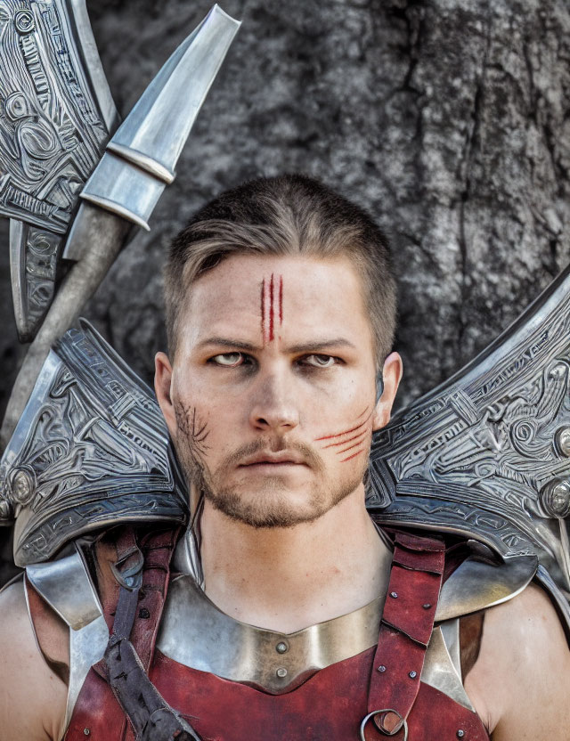 Man in war paint and medieval armor with two swords in rocky setting