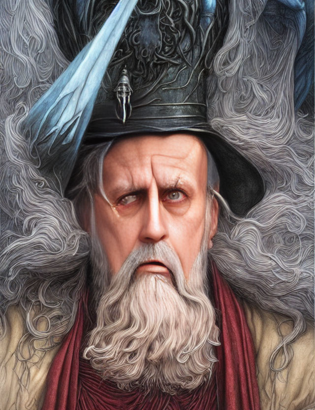 Elderly man with stern expression in detailed wizard hat and luxurious white beard