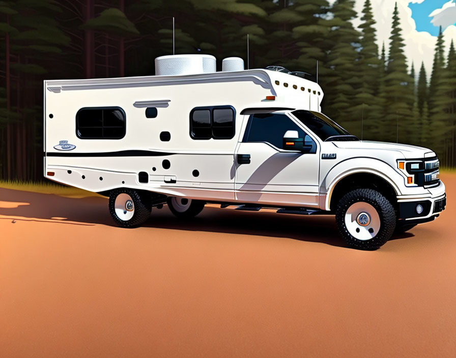 White Pickup Truck with Camper Parked in Forest Scene Illustration