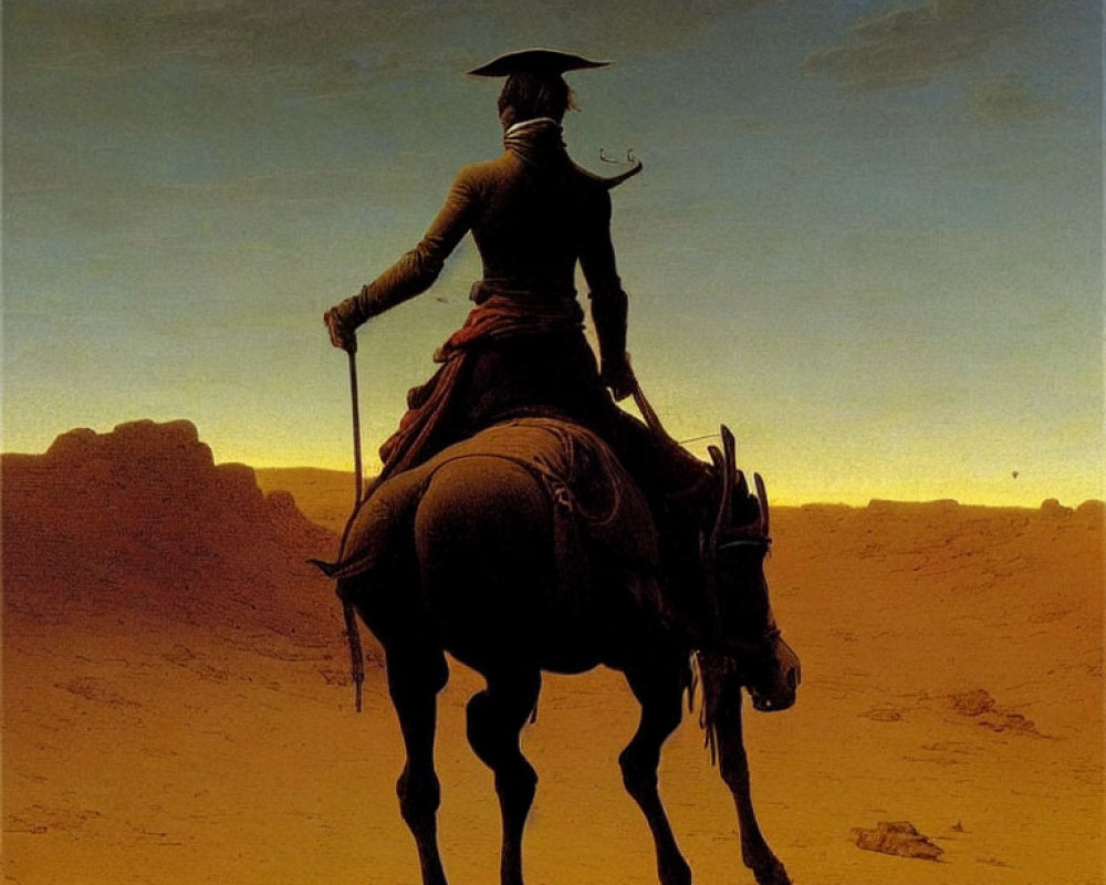 Silhouetted Lone Figure on Horseback in Traditional Western Attire