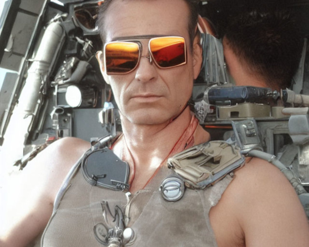 Man in Tank Top with Aviator Sunglasses in Helicopter Cockpit