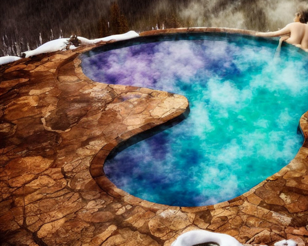 Person Relaxing in Outdoor Hot Tub Surrounded by Snowy Forest